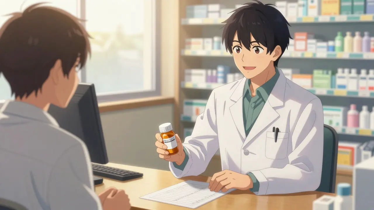 Anime pharmacist giving medicine to a male patient safely
