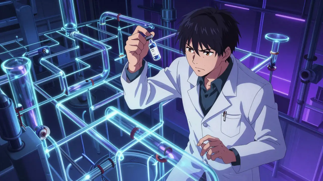 Anime researcher navigating glass maze with vial in neon light.