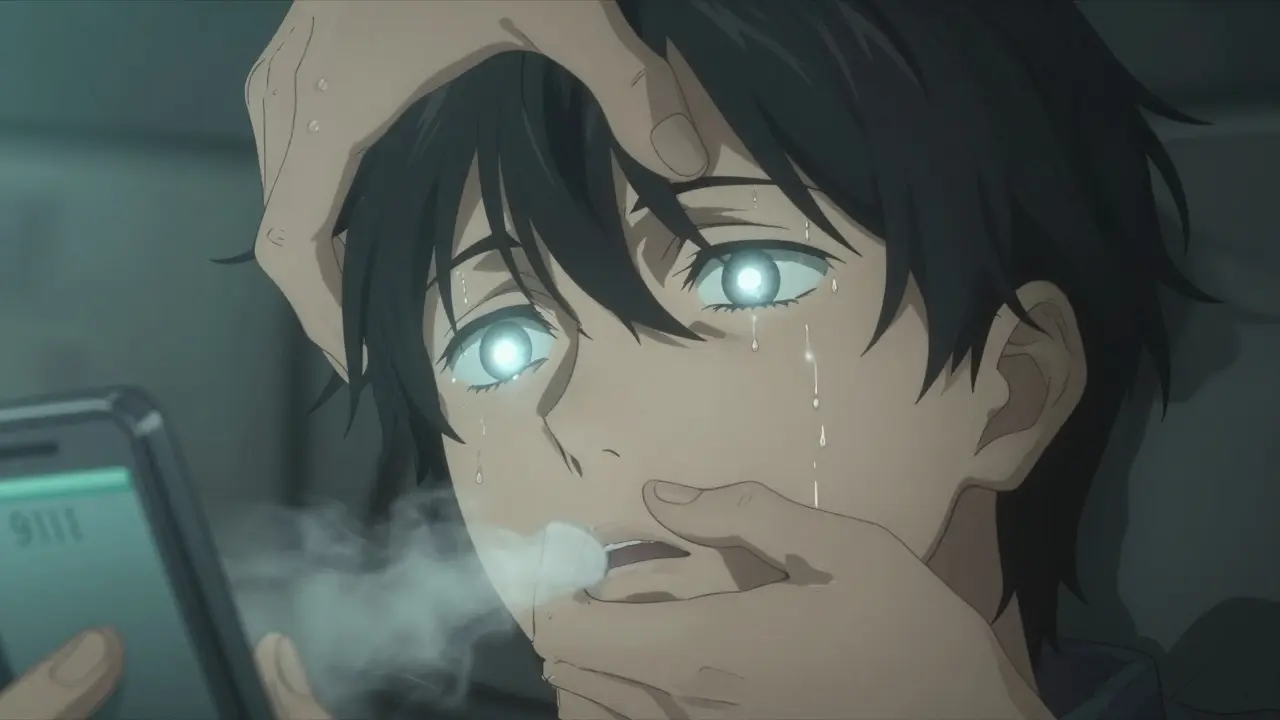 Close-up of a person's face with pinpoint pupils being positioned for rescue breathing, flashlight reflecting in their eyes.