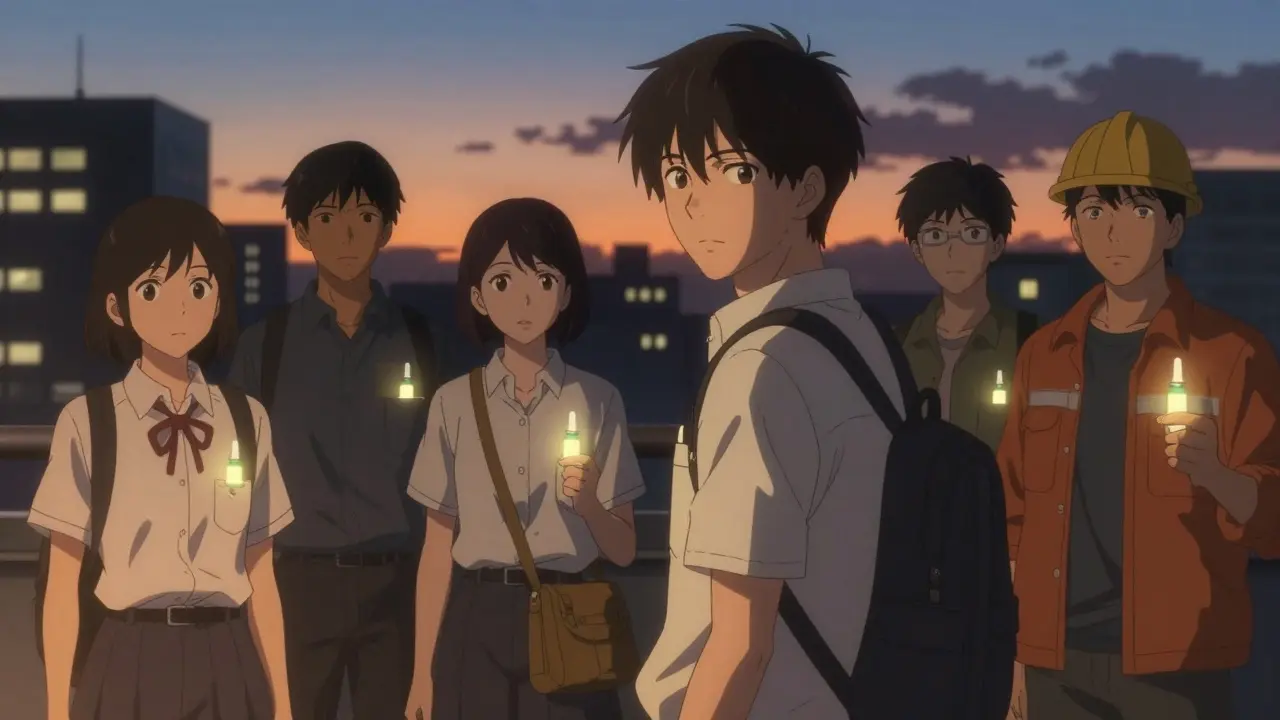 Diverse individuals carrying naloxone in their pockets, glowing softly under twilight sky, symbolizing preparedness to save lives.