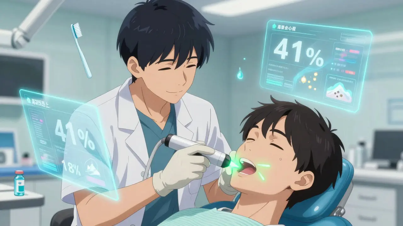 Doctor applying low-level laser therapy to heal oral ulcers with green pulses.