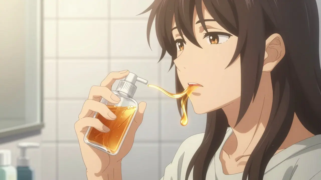 Patient using benzydamine mouthwash, golden light soothing inflamed gums.