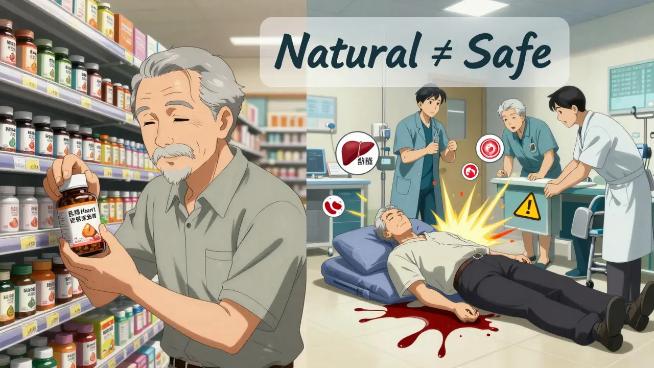 Split scene: a man smiling while buying Danshen on one side, collapsed in blood on the other, with warning icons floating above.