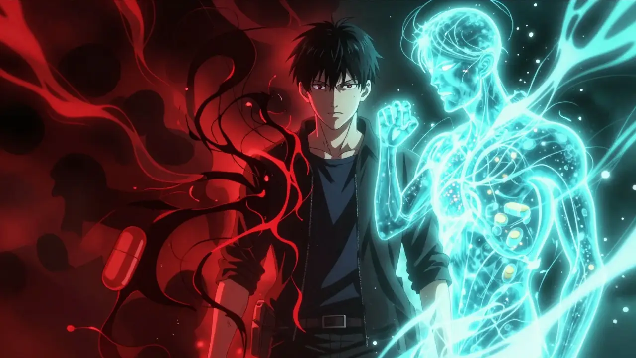 Stylized illustration showing danger and protection for kidney medicine