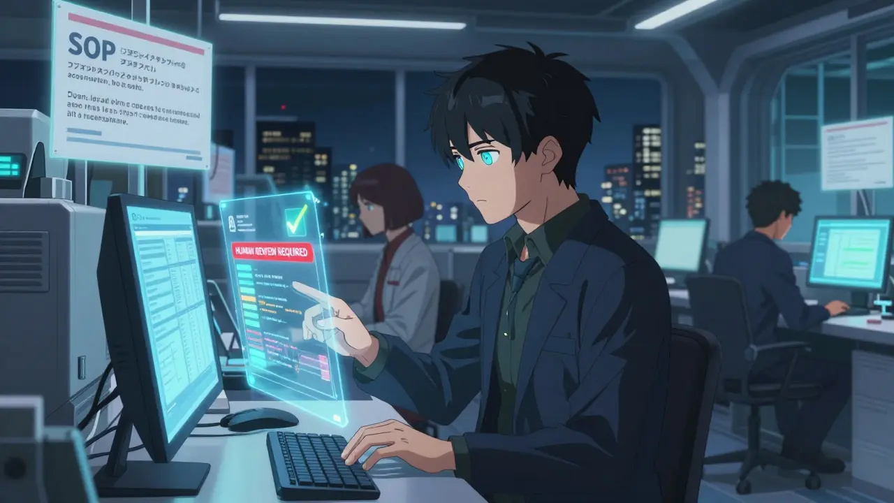 Technicians use AI to generate batch records, but a human review warning glows prominently above.