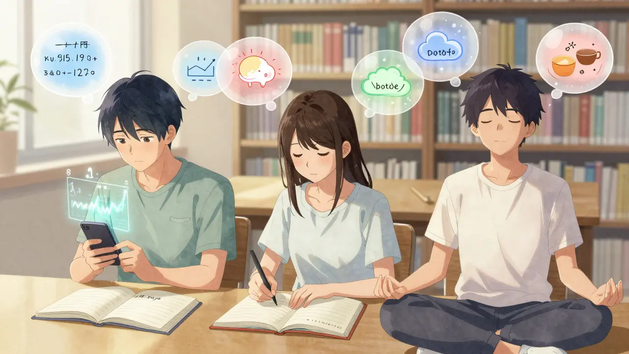Three people using different tracking methods, surrounded by floating health pattern visuals.