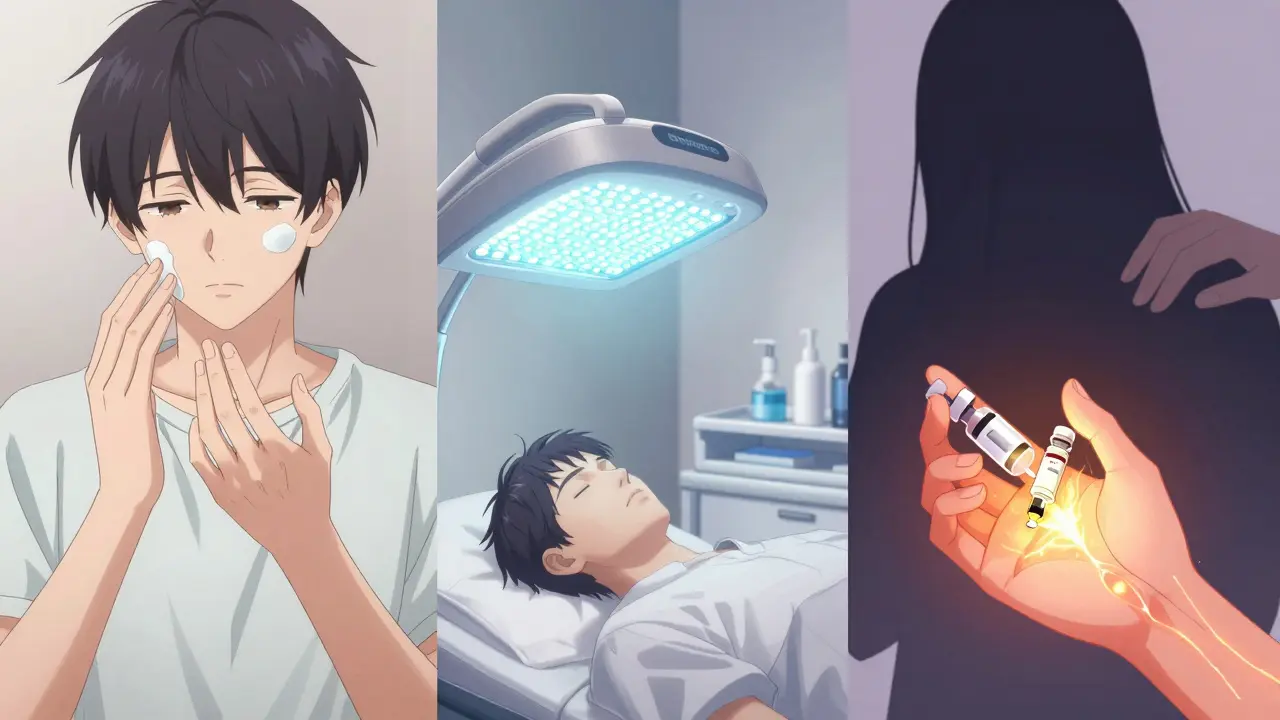 Three scenes showing daily skincare, phototherapy, and biologic injection, with a supportive hand overcoming shadowy depression.