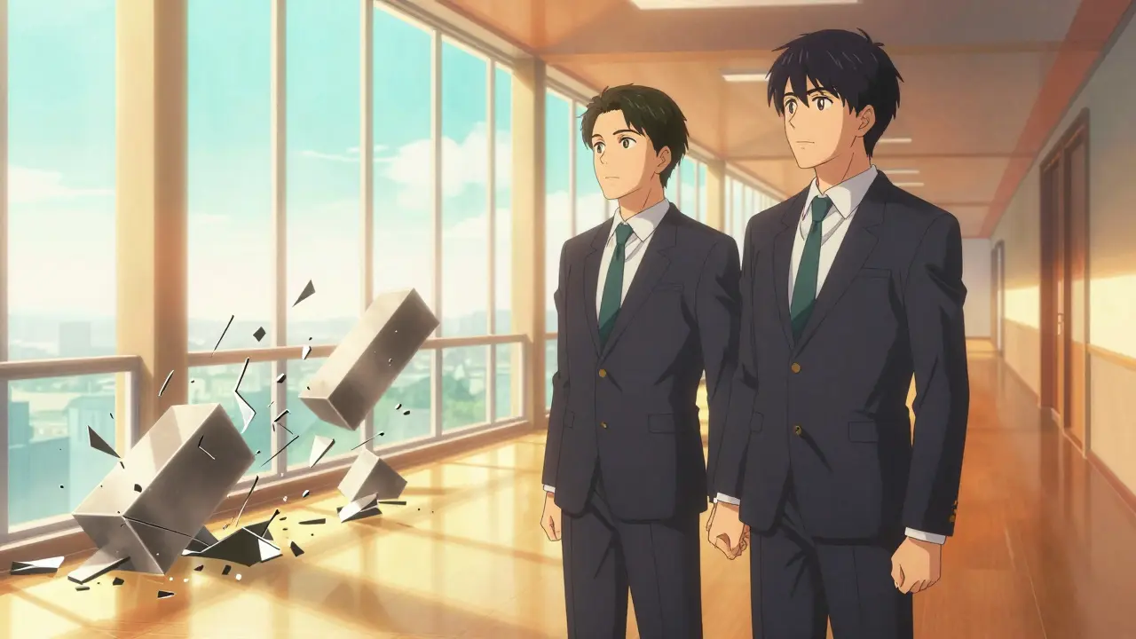 Two men shaking hands as barriers break in sunlit hallway anime.