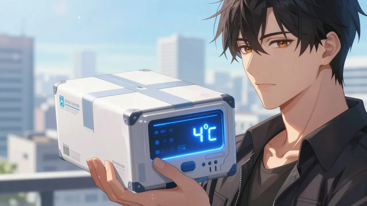 A refined young man holding a high-tech insulated medicine package with a cold temperature display.