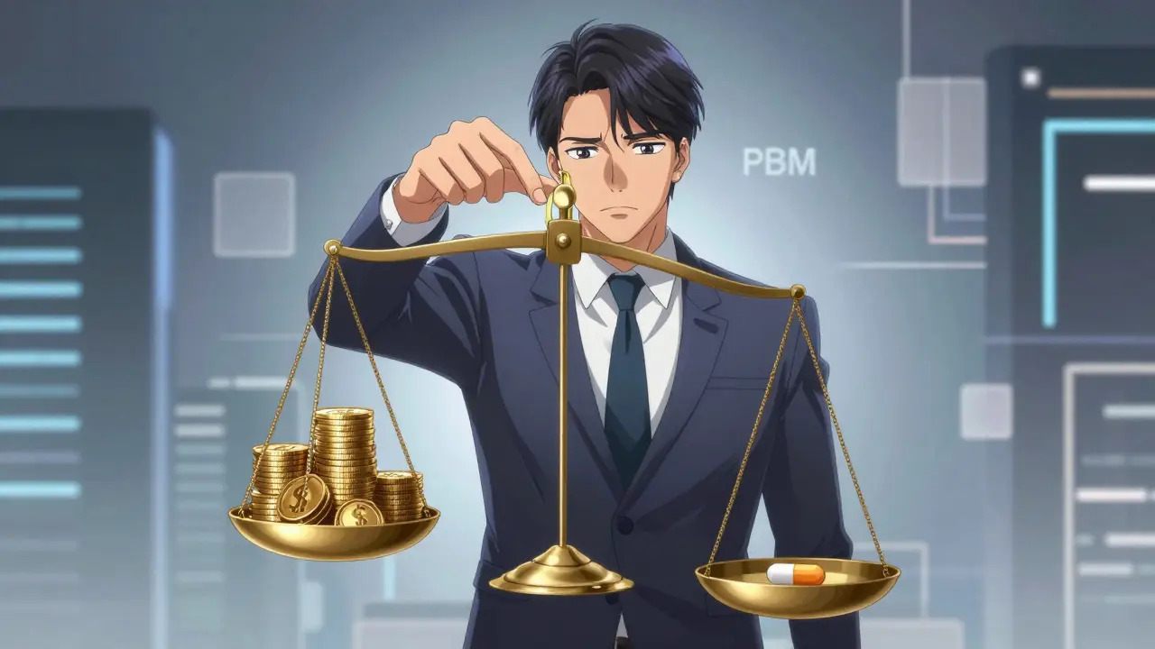 Bishounen corporate executive with a scale representing the profit gap in drug pricing.