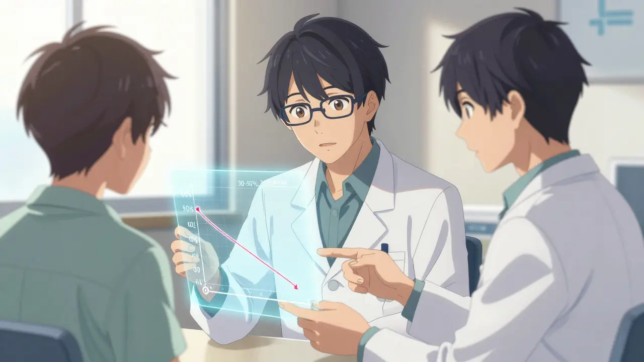 Bishounen doctor explaining a plasma level graph to a patient in a medical office.