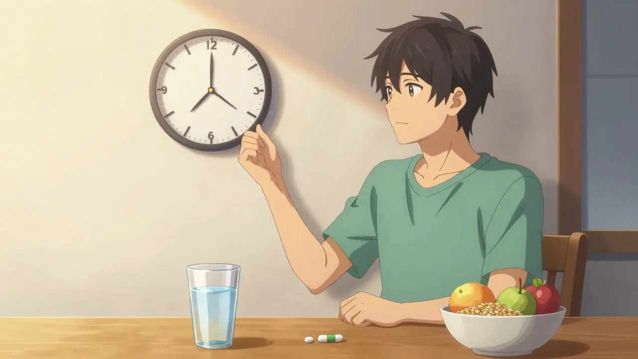Bishounen man calmly managing his medication and fiber schedule with a clock.