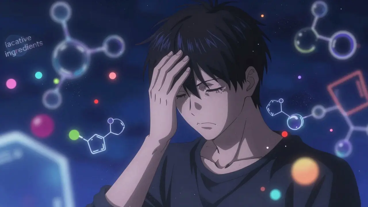 Bishounen man experiencing side effects surrounded by abstract chemical particles