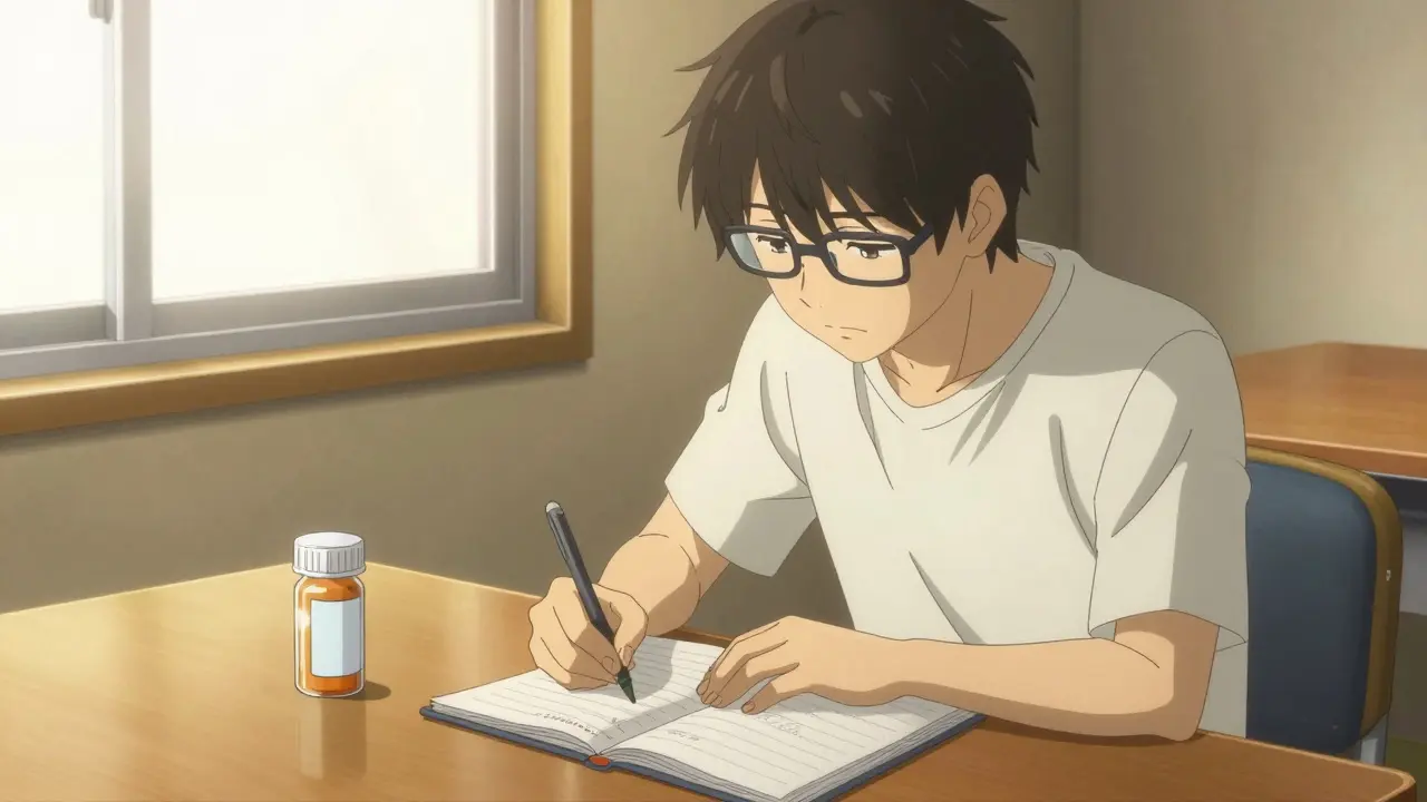 Bishounen man with glasses recording symptoms in a medication diary