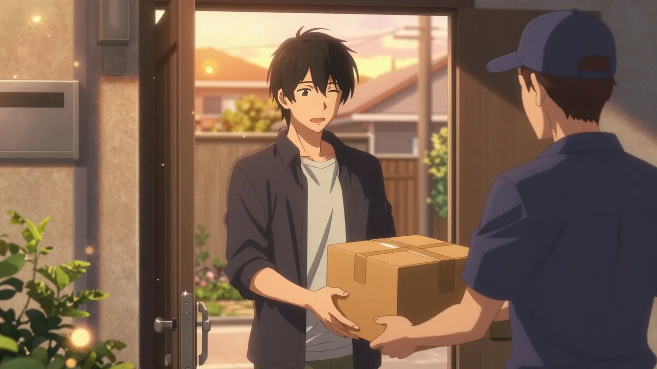 Bishounen style man happily receiving a pharmacy delivery package at his home
