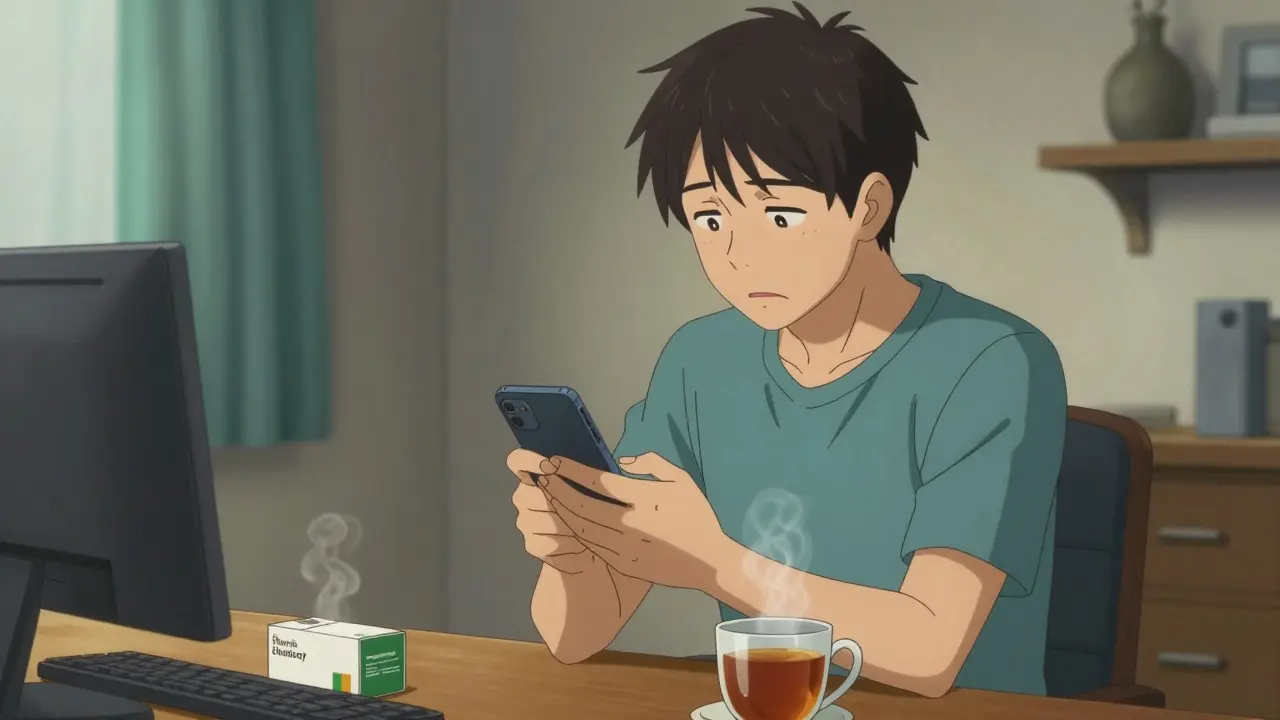 Bishounen style man using a smartphone to order medication from home.