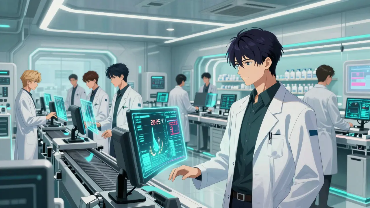 Bishounen technicians monitoring temperature logs in a high-tech pharmacy hub.