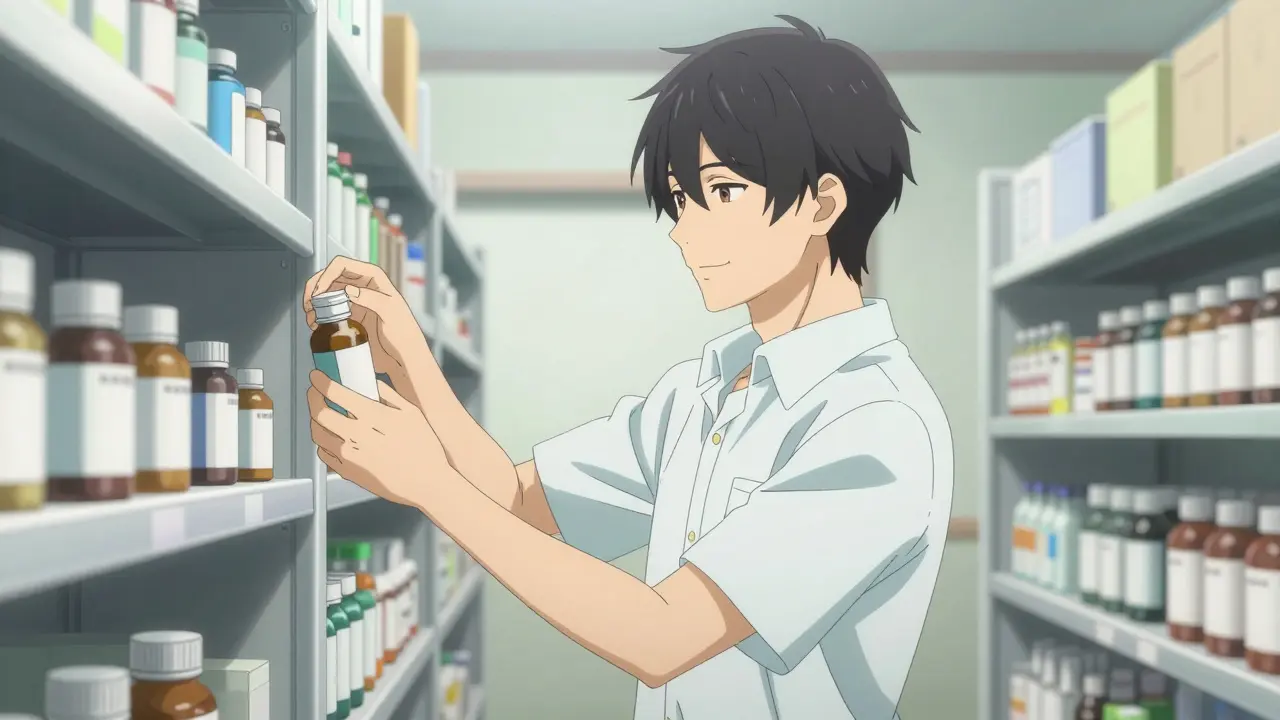 Calm bishounen style character storing medication in a cool, dry place