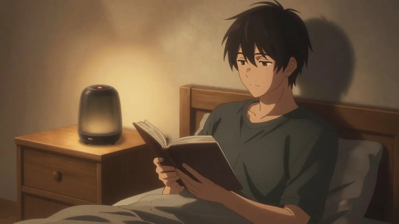 Calm young man reading a book in a cozy room with a sound machine.