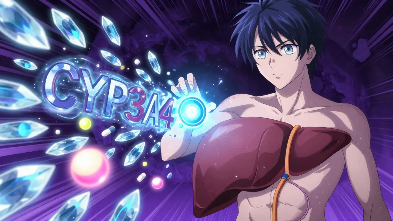 Conceptual anime scene of a handsome youth activating liver enzymes that clear medications.