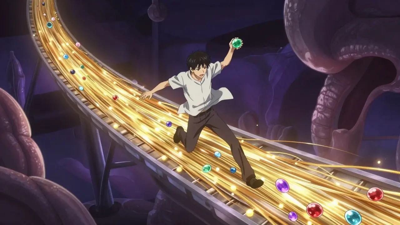 Conceptual anime scene of medication being swept away by fiber on a conveyor belt.