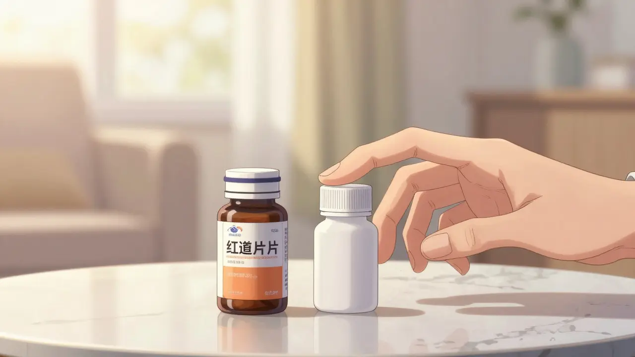 Detailed anime art of a hand comparing brand-name and generic medication bottles.