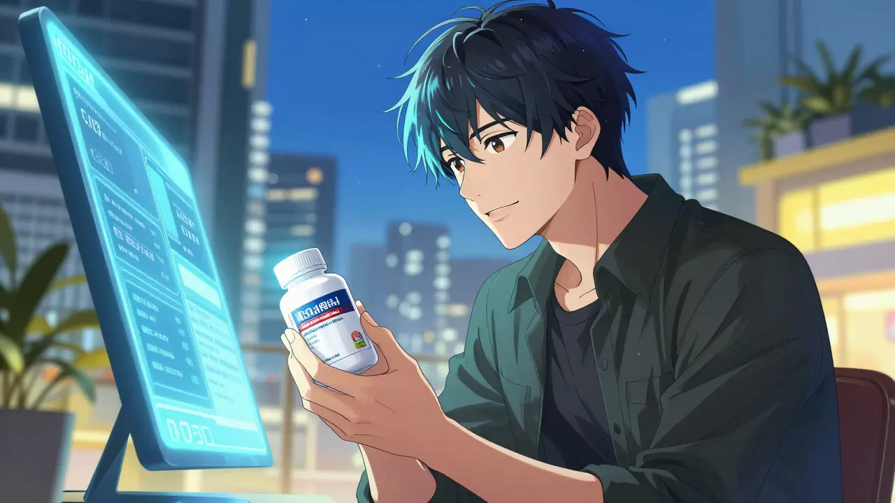 Elegant anime man comparing prices while holding a bulk bottle of generic ibuprofen