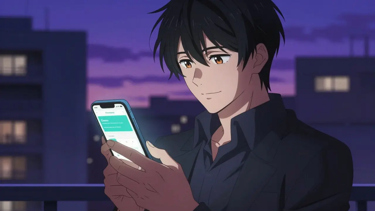 Elegant anime man using a smartphone to order medication from an online pharmacy