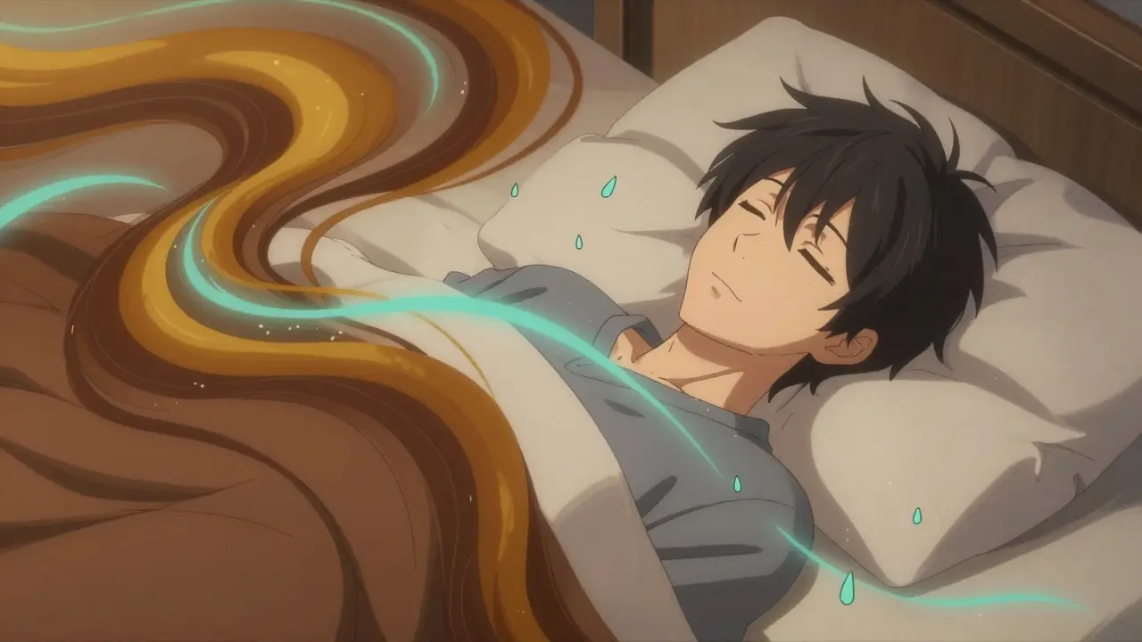 Serene young man sleeping, surrounded by abstract brown and pink sound waves.