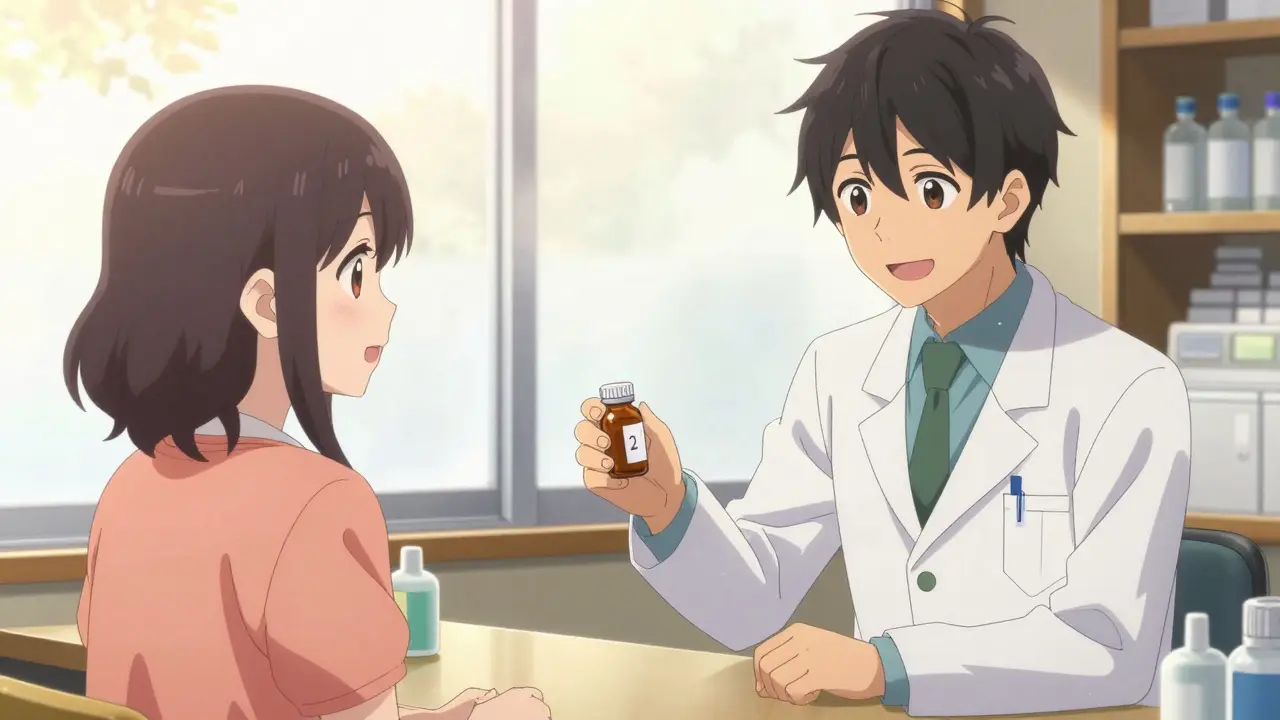Smiling bishounen pharmacist providing affordable medication to a patient in a bright setting.