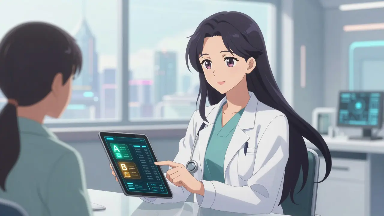 Sophisticated doctor showing drug equivalence codes on a digital tablet
