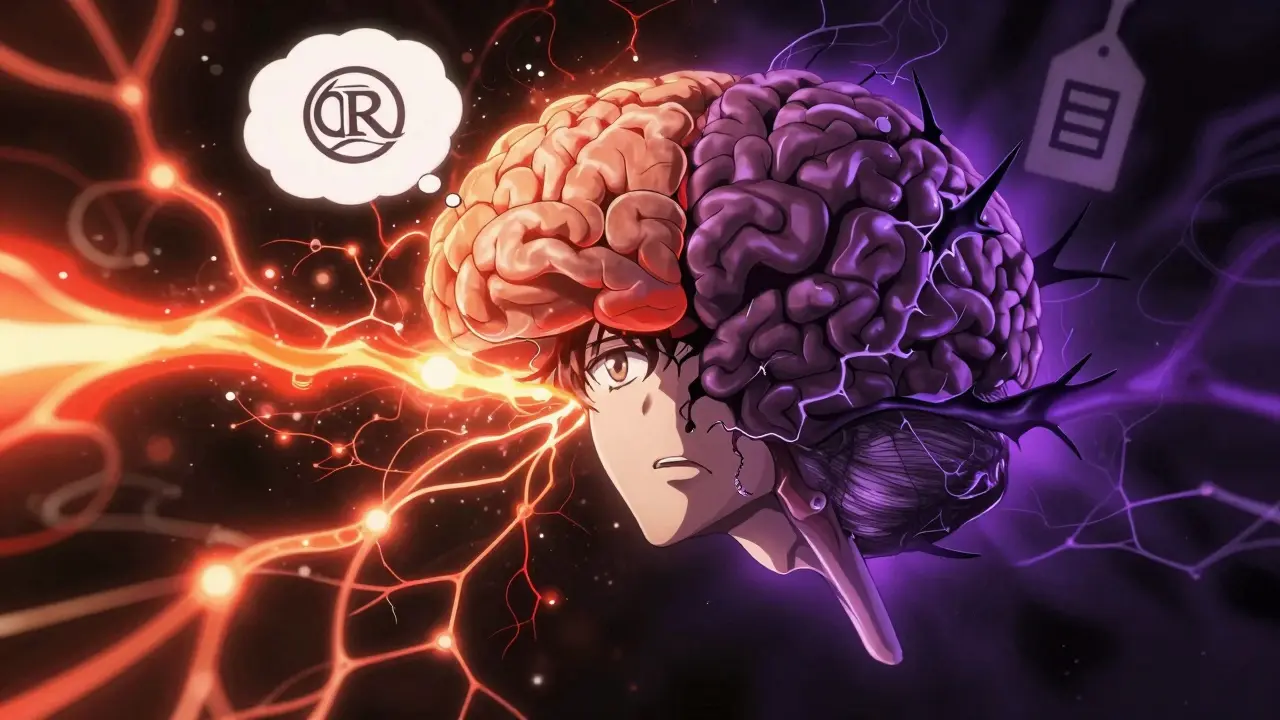 Abstract anime art showing brain chemistry affected by drug expectations