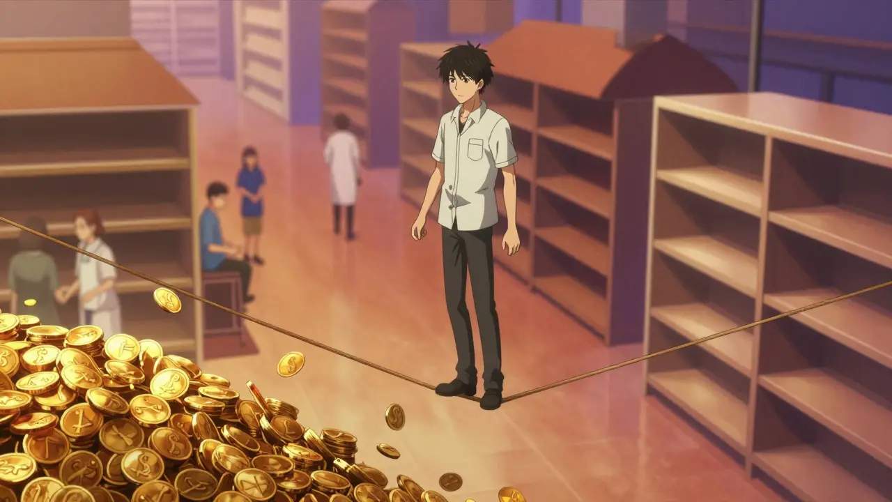 Anime character balancing on a tightrope over a fragile drug supply chain.