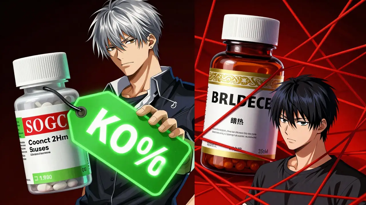 Anime illustration comparing cheap generic drugs with complex brand-name pricing strategies.