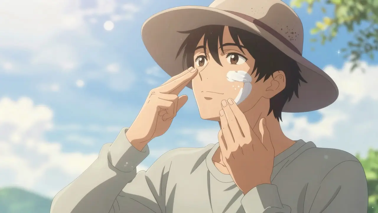 Anime man applying sunscreen and wearing sun protection gear