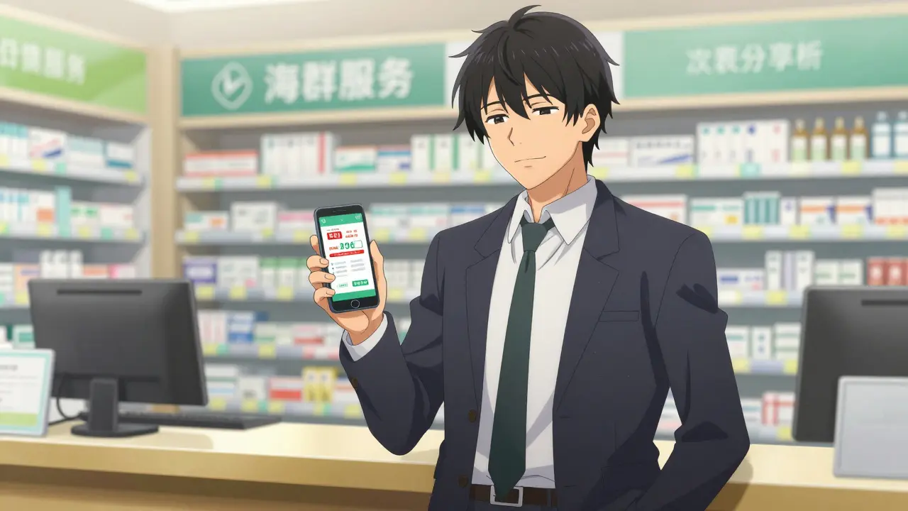 Anime man happily using a discount app at a pharmacy counter