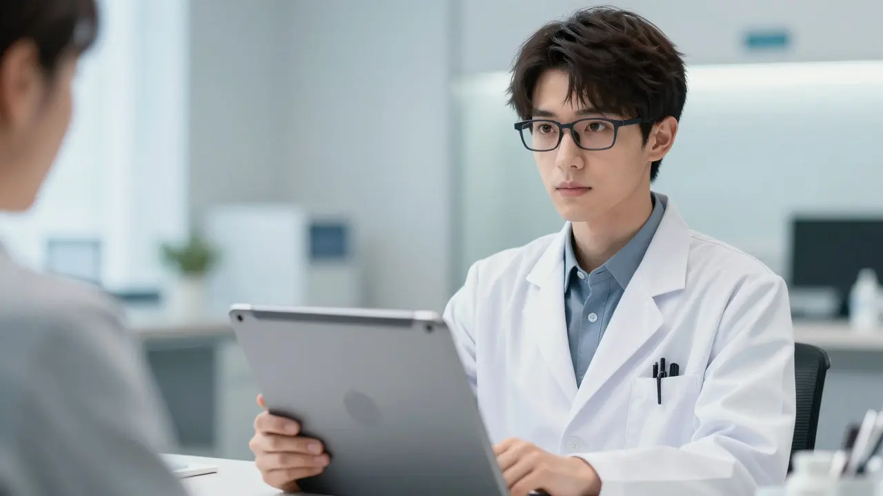Bishounen doctor on tablet screen during safe telehealth consultation