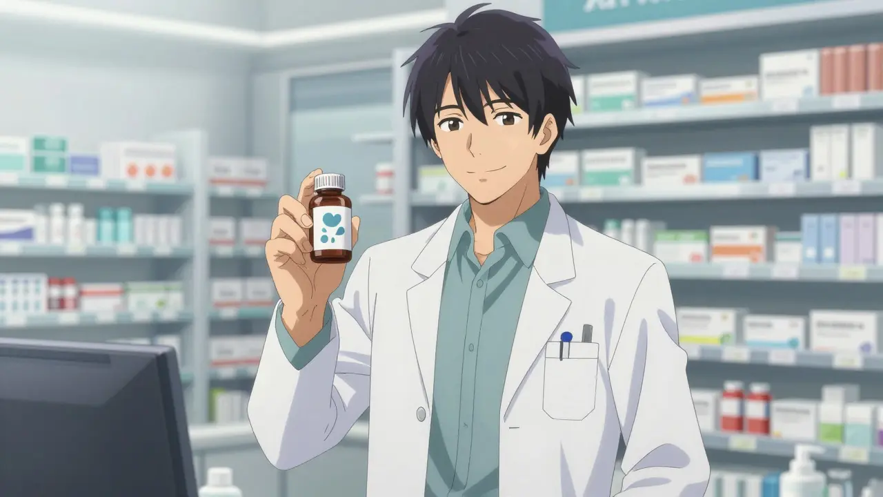 Bishounen pharmacist holding generic birth control pills