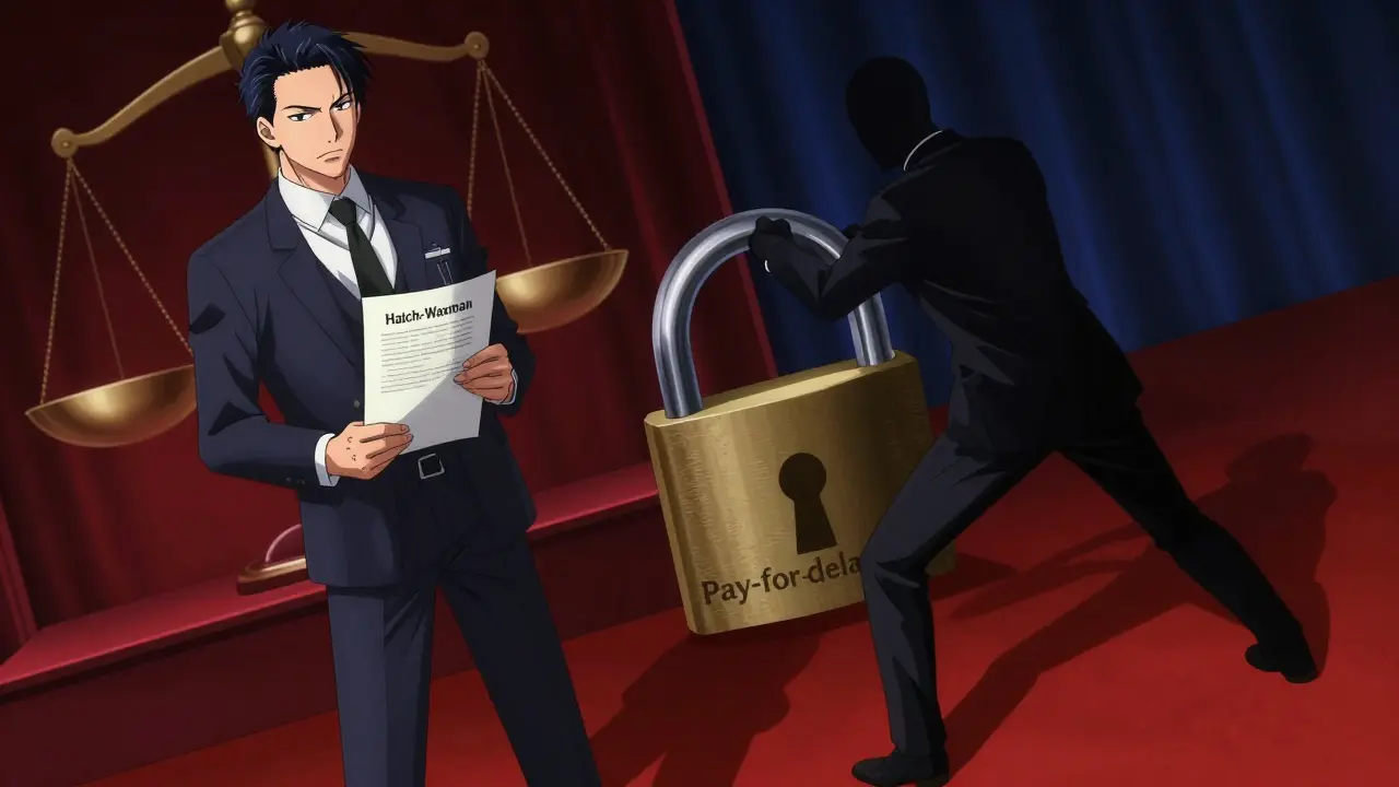 Bishounen style artist depicts regulators blocking anti-competitive drug practices.