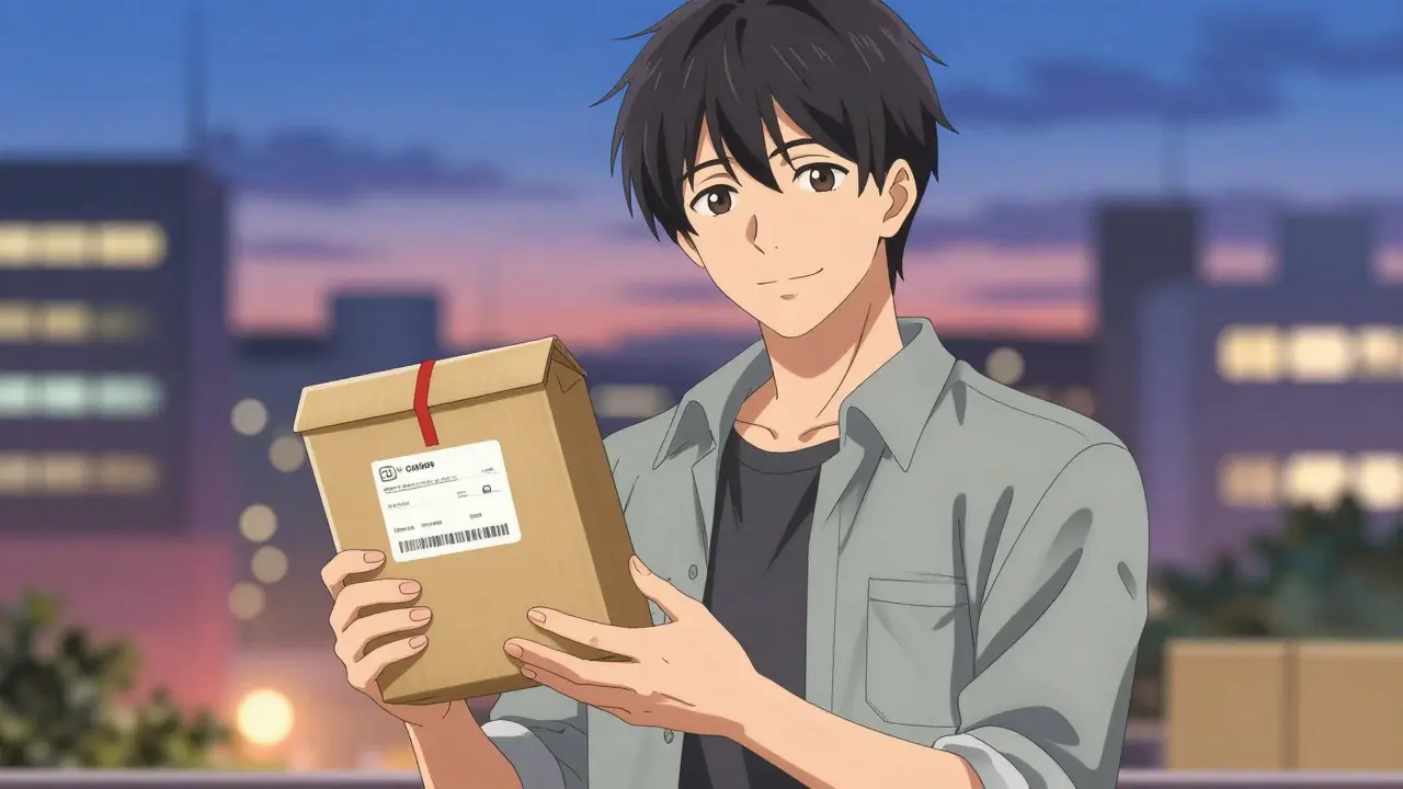 Charming anime man holding delivered medicine package with smile