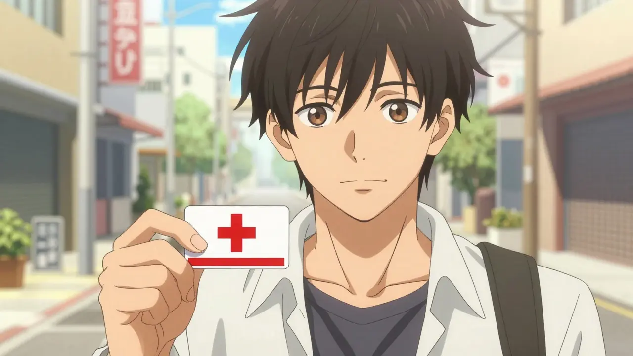 Confident bishounen character holding a steroid emergency card outdoors
