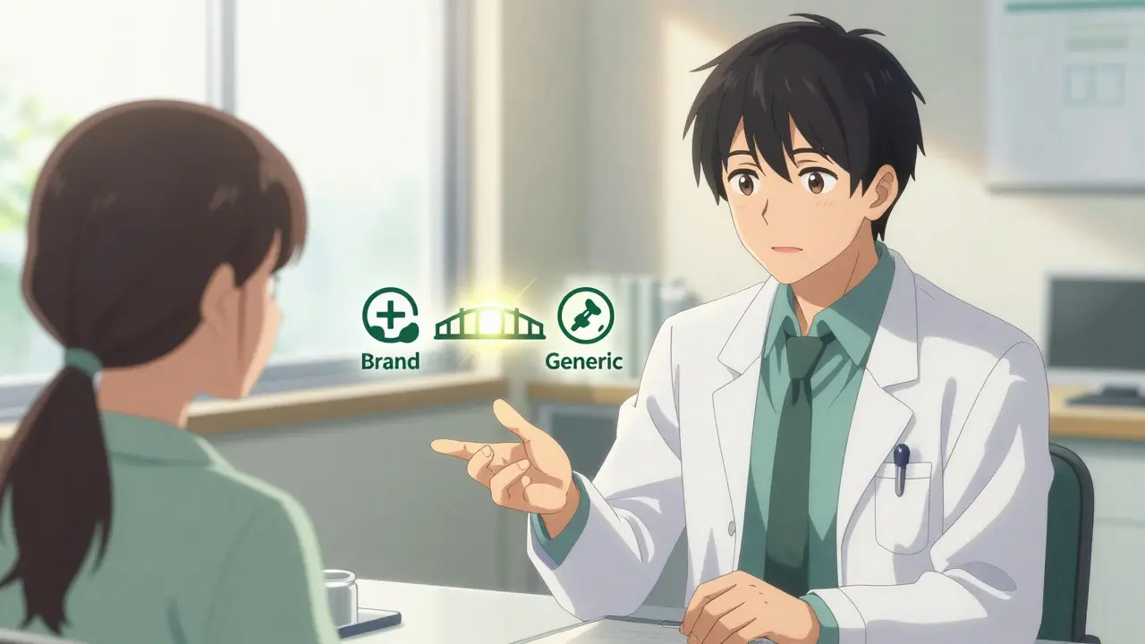 Doctor explaining generic medication benefits to a patient in clinic