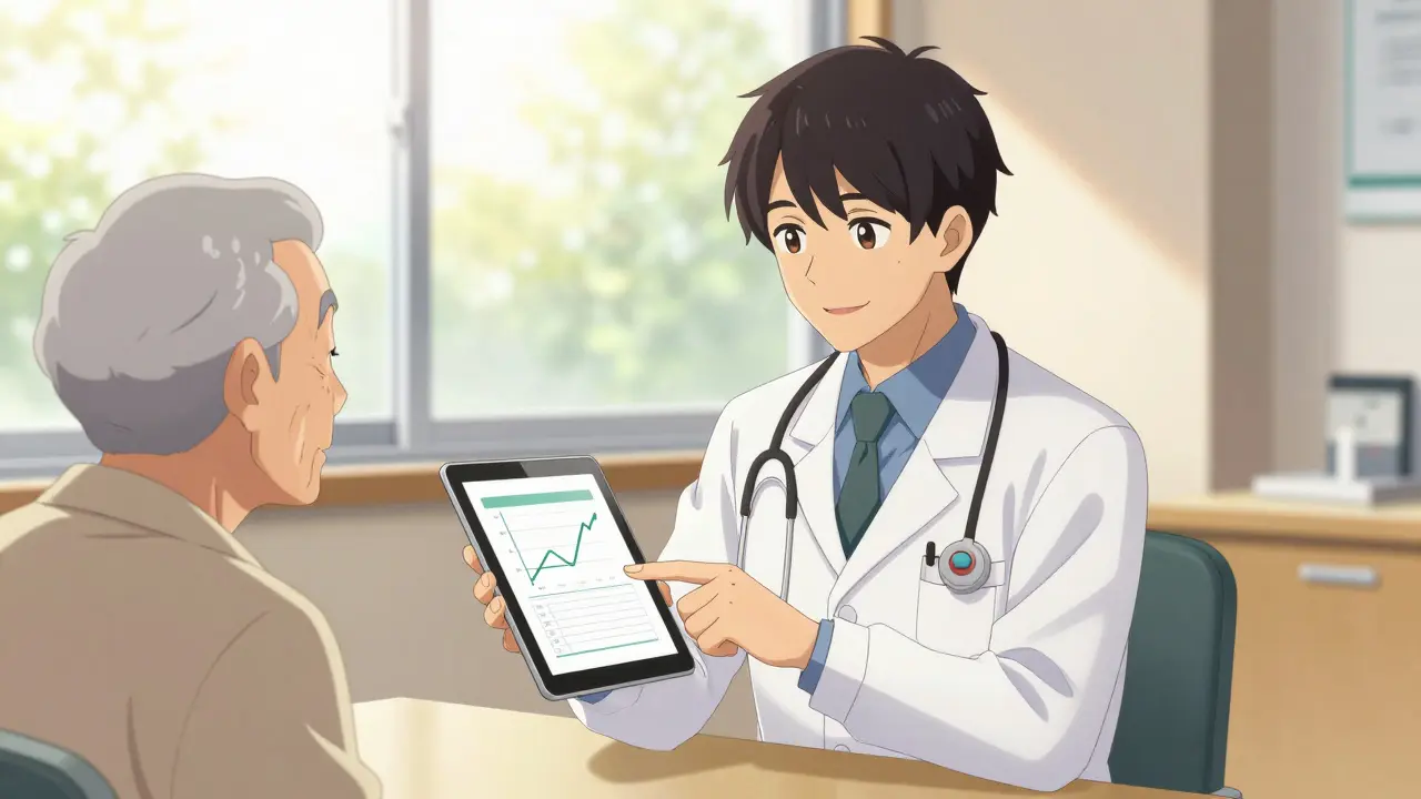 Doctor reassuring elderly patient in a bright clinic setting