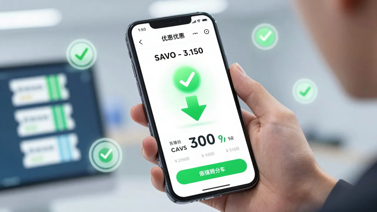 Elegant hands holding a phone showing discounted medication prices and savings icons.