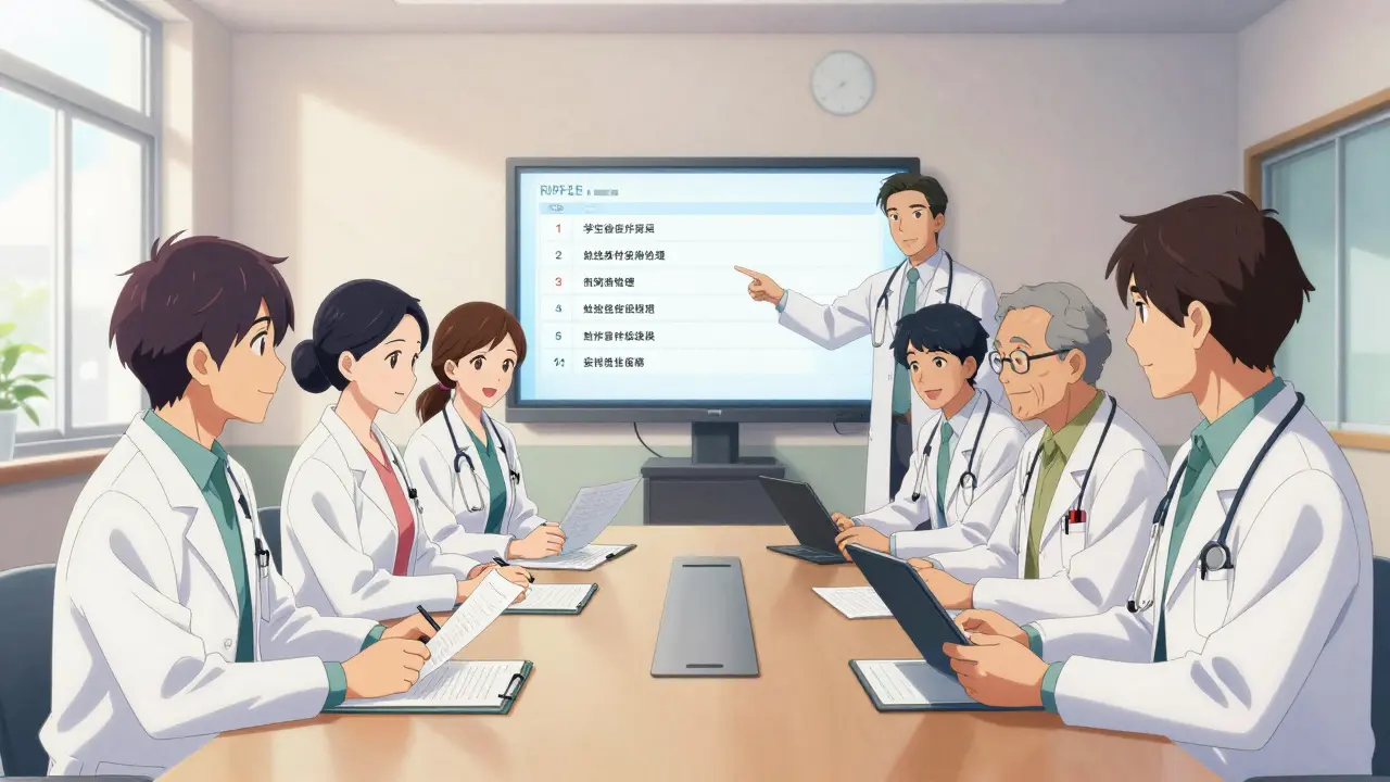 Group of anime-style medical staff collaborating on safety protocols in a bright office.