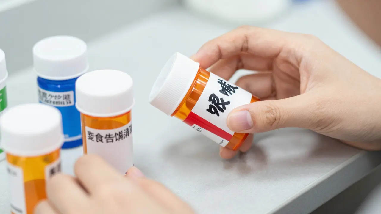 Hands marking medicine bottles with colored bands for safety