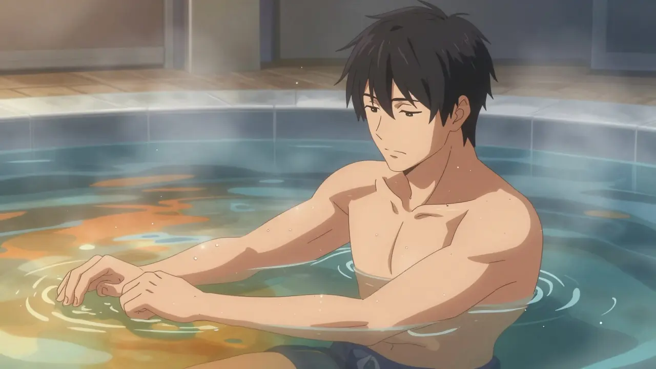Handsome anime man finding relief through gentle swimming therapy