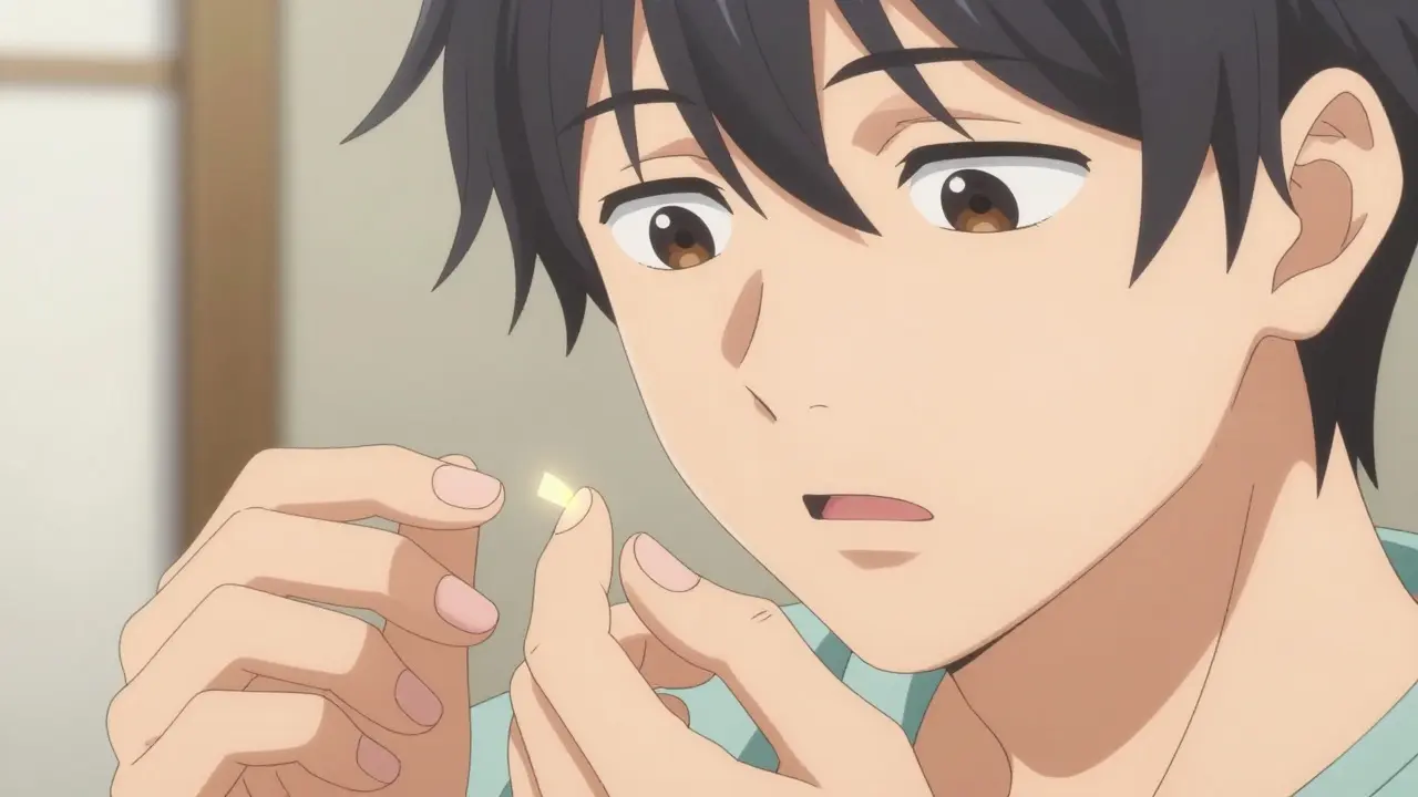 Manga character inspecting a lifting, discolored fingernail