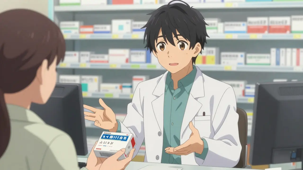 Pharmacist giving large-print meds to a patient
