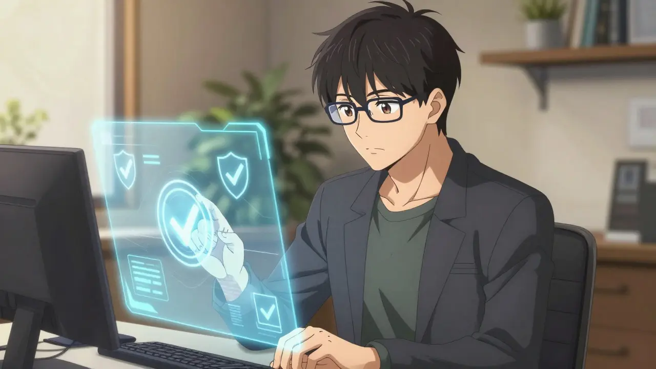 Stylish anime man checking holographic safety seals on digital screen